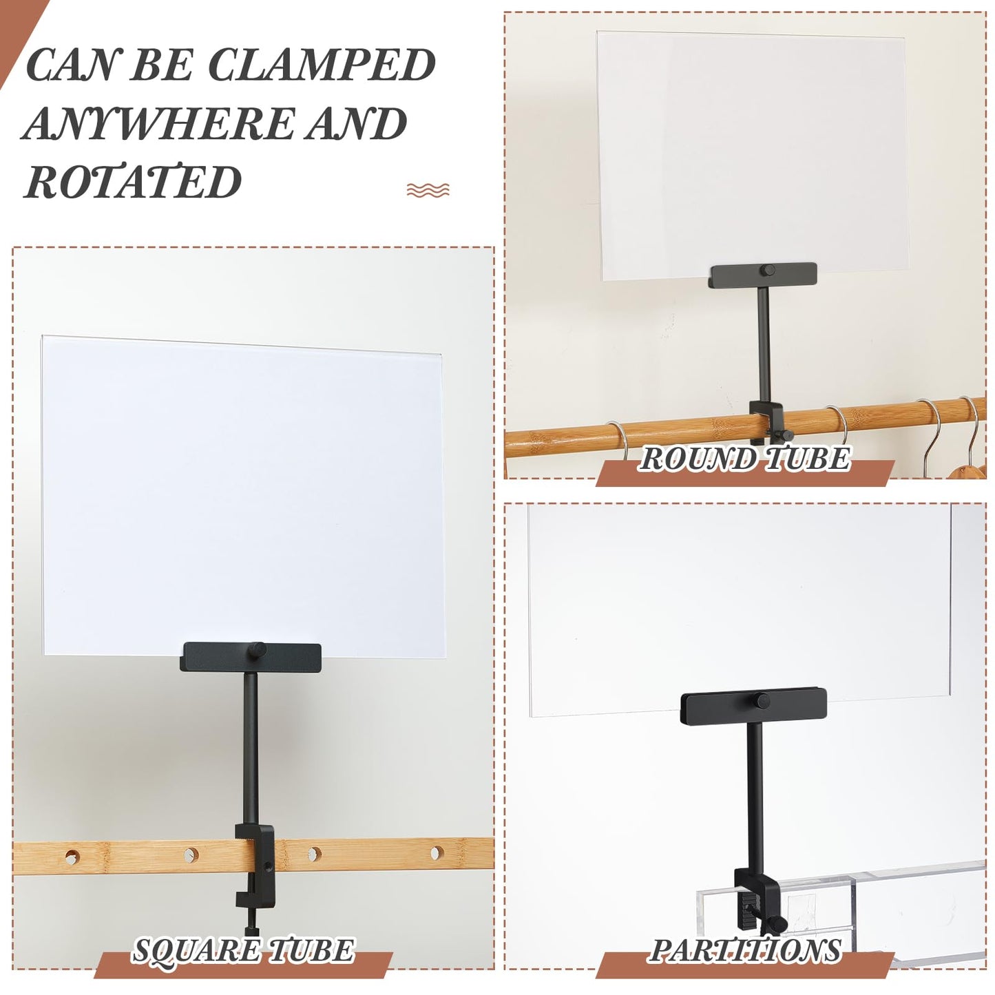 FoldTier 3 Set Aluminum Alloy Sign Holder Clamp with 8.5 x 11 Inch Acrylic Frame Sign Clip on Rotatable Holding Clamp for Clothing Stores Price Tag Office (Black)