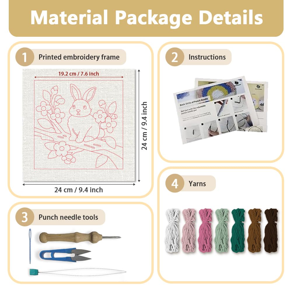 DOODLREAM Rabbit On Branch DIY Punch Needle Embroidery Kit for Adult Beginner, 9.4" Bunny Flower Punch Stitching Craft Set for Starter with Frame,Fabric Pattern,Threader, Yarn, Pinch Needle