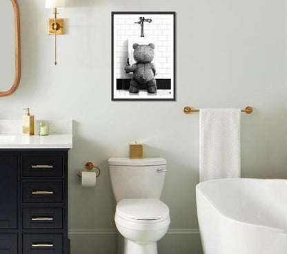Funny Teddy Bear Wall Art - Black and White Bathroom Decor | 8x10in Print for Movie Fans