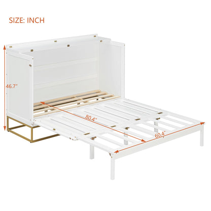 Merax Queen Size Murphy Cabinet Bed, Wood Folding Bed Frame with Wood Doors and Fake Drawers Design, Space-Saving Wall Bed for Guest Room and Home Office