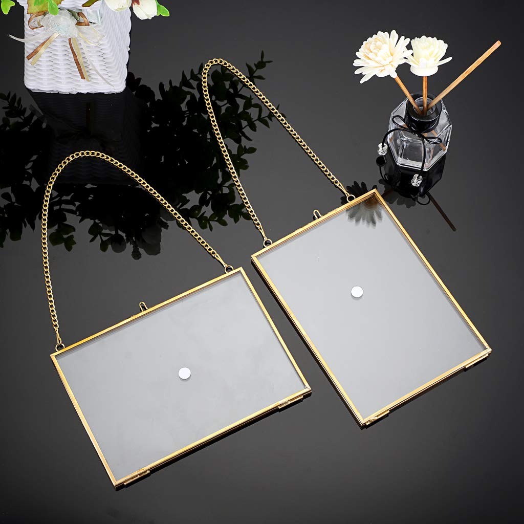 JUXYES Picture Frame, Set of 2 Brass Floater Frame, Golden Glass, 5 x 7 inches, Modern Art Design, Wall Hanging