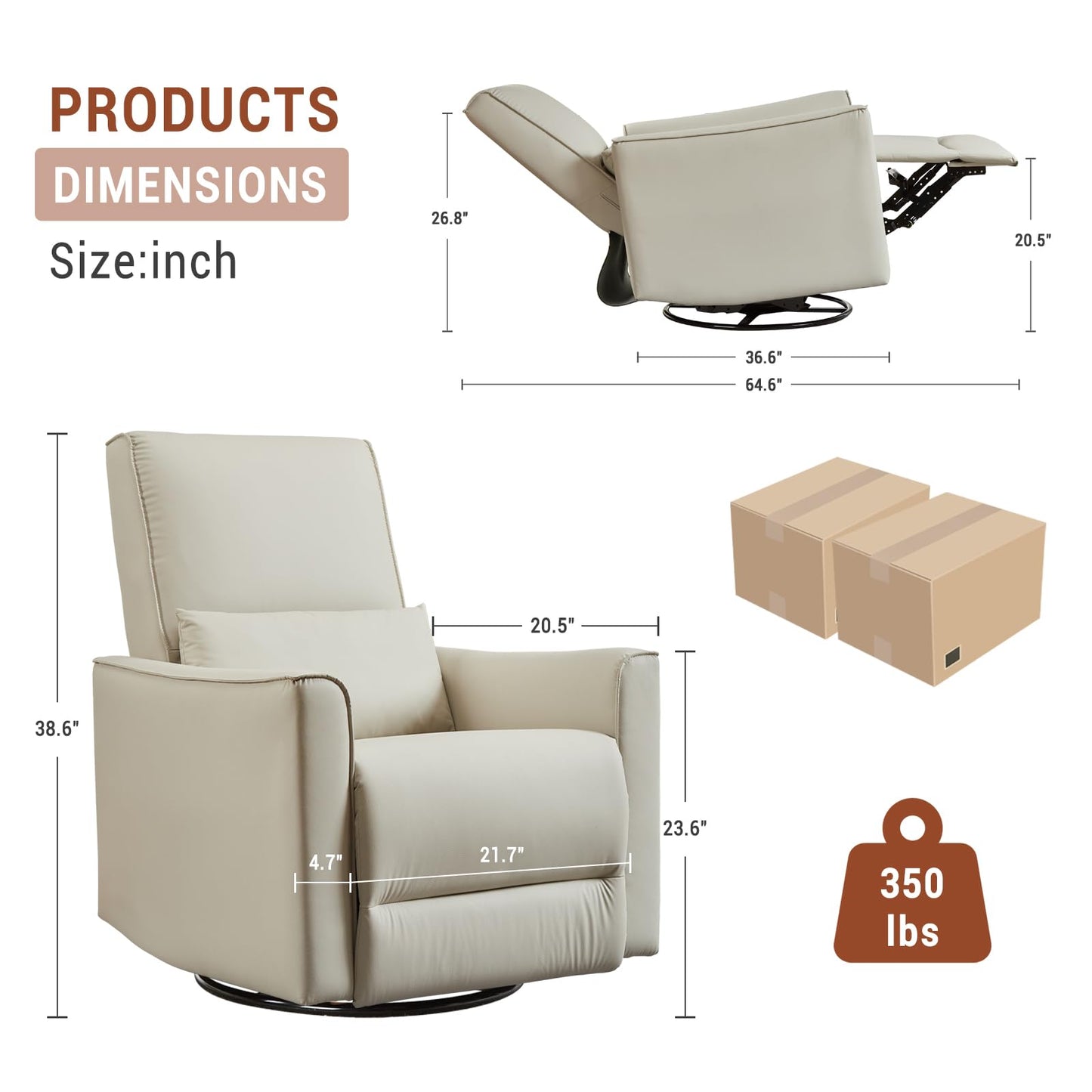 GarveeHome Recliner Chair, 360° Swivel Rocker Glider Nursery Chair with Padded Armrest and Deep Seat, PU Leather Upholstered Reclining Sofa Chair for Living Room, Bedroom and Nursery (White)