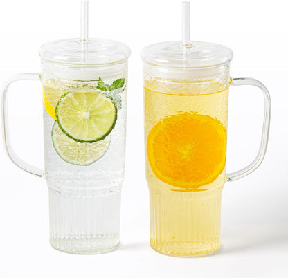 24oz 2 Pack GOSCHE Glass Cups with Lids and Straws, Clear Iced Coffee Cups with Handle, Glass Tumbler with Straw