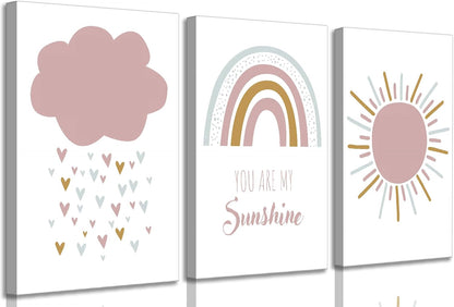 3 Pcs Boho Nursery Canvas Wall Art You Are My Sunshine Pink Sun Rainbow Cloud Painting Pictures Wall Decor Poster Print