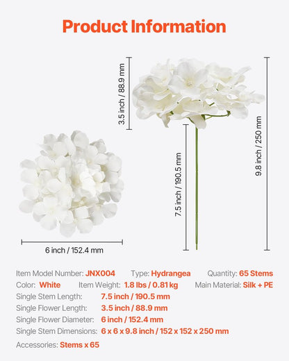 VEVOR Artificial Flowers, 205 pcs Real Looking White Silk Fake Hydrangea Bulk, White Faux Bridal Shower with Stems for DIY Wedding Bouquets, Home Centerpieces Arrangements, Party Tables Decorations