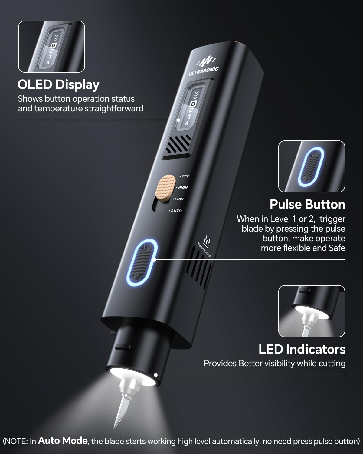 Professional 40KHz Ultrasonic Cutter Knife & Polisher OLED Display 50Pcs Replacement Blades Precision Cutting Deburring Tool for 3D Printing Resin, Acrylic, Wood, DIY Model Crafts More