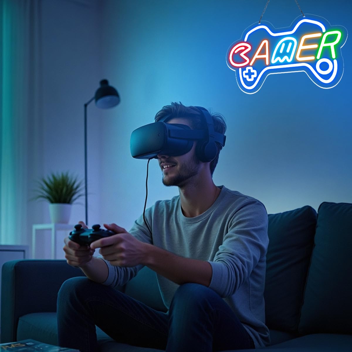Reezldokn Gamer Neon Sign for boy room decor, 15 * 9 inch Blue Gaming led lights with USB Power and Dimmer Switch for game room decor,teen's room,man cave,adult and Kids
