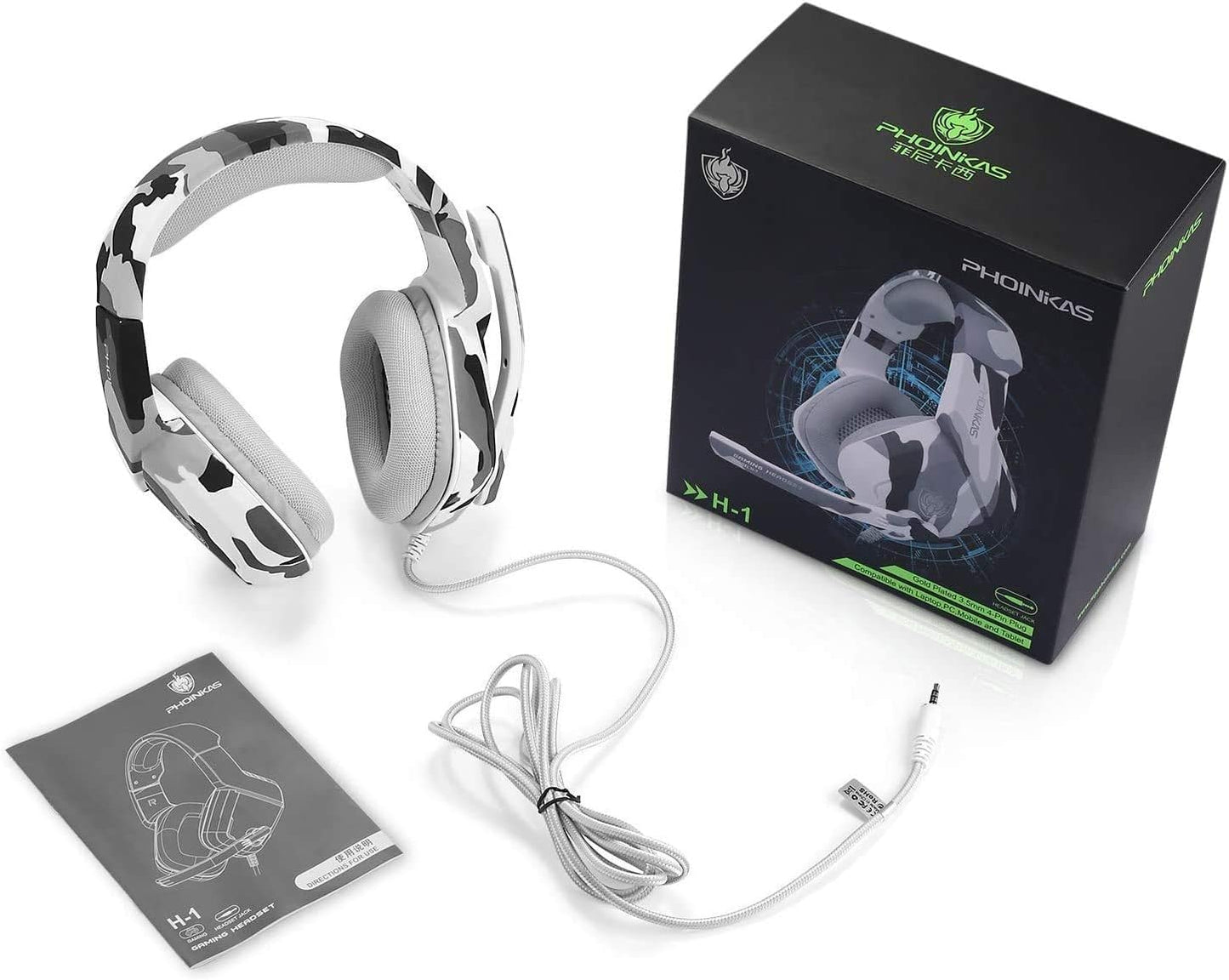 PHOINIKAS Gaming Headset for PS4, Xbox One, PC, Laptop, Mac, Nintendo Switch, 3.5MM PS4 Stereo Headset Over Ear Headphones with Noise-Cancelling Mic, Bass Surround - Camo