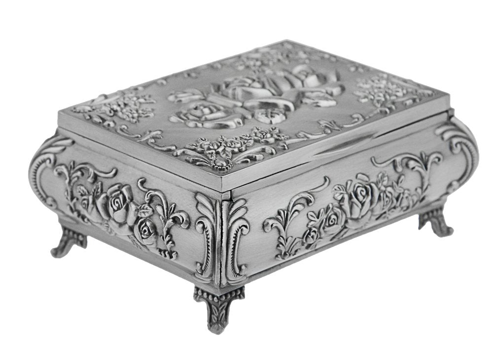 Classic Vintage Antique Tin Rectangle Jewelry Box Treasure Storage Organizer Chest with Rose Pattern