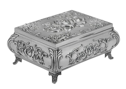 Classic Vintage Antique Tin Rectangle Jewelry Box Treasure Storage Organizer Chest with Rose Pattern