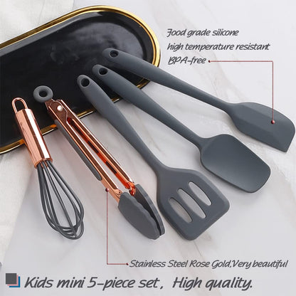 Collfa Rose Gold And Grey Mini Kitchen Utensil Small Five-Piece Set Tiny Silicone Kids Kitchen Tools Whisk Spatula Tongs Spoon And Slotted Spatula For Cooking(Kids Baking Supplies) Grey
