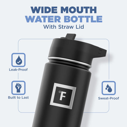 IRON °FLASK Camping & Hiking Hydration Flask with 3 Lids - Stainless Steel, Double Walled & Vacuum Insulated Water Bottle - Leak Proof & BPA Free (Midnight Black, Straw - 22 oz)