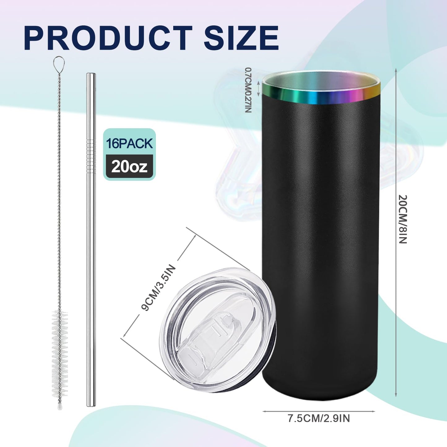 YOUKE OLA 8 Pack Rainbow Plated Stainless Steel Tumbler Straight Double Wall Powder Coated for Laser Engrave, 20oz Black To Iridescent