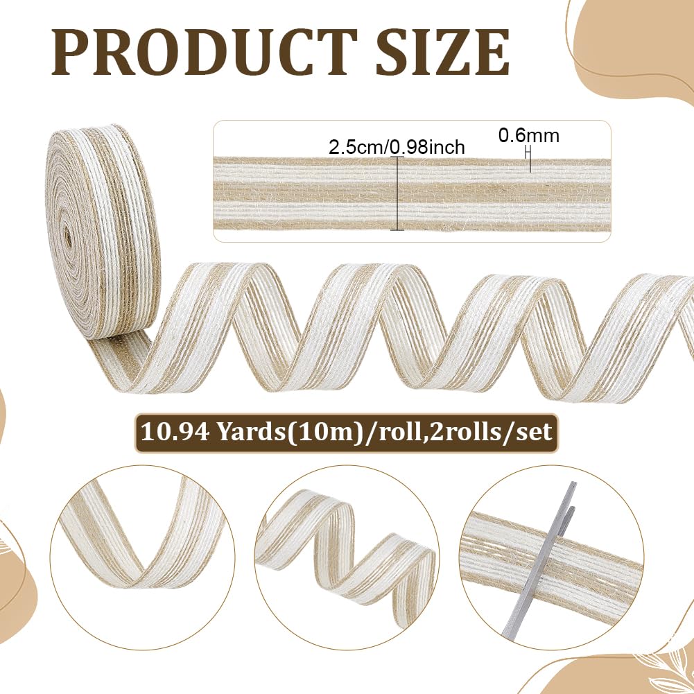 PH PandaHall 21Yards Burlap Ribbon 2 Rolls 0.9inch Thin Flat Jute Twine White Brown Stripes Hemp Jute Rope Cord Twine Burlap Ribbon Natural Rustic Ribbon Roll for Gift Wrapping Garland Outdoor Wedding