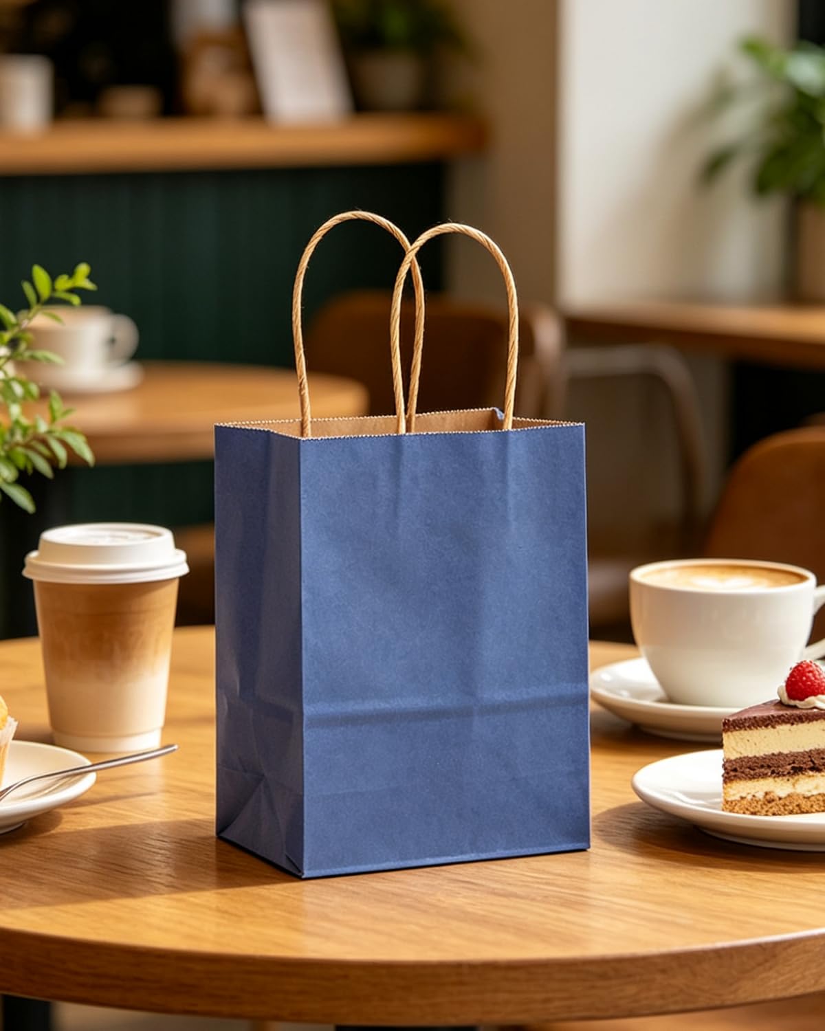 qiqee 50-Packs Gift Bag with Handles Bulk Kraft Deep Blue Paper Bags Multiple Uses (8.3"x3"x6"inch Small Size)