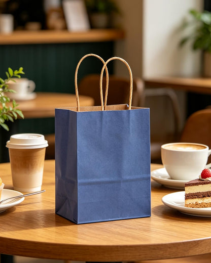 qiqee 50-Packs Gift Bag with Handles Bulk Kraft Deep Blue Paper Bags Multiple Uses (8.3"x3"x6"inch Small Size)
