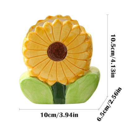 Ceramic Flower Makeup Brush Holder for Women Girls, Cute Pen Pencil Cup Pot for Desk Organizer, Bathroom Toothbrush Holder Home Office Decor (Yellow Sunflower)