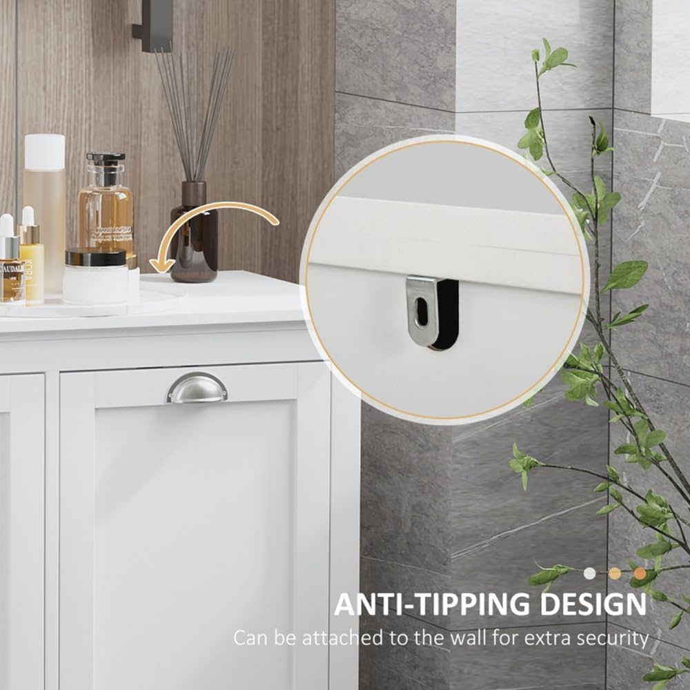White Tilt Out Laundry Hamper Cabinet Bathroom Storage Organizer White Small Space Floor Standing Sorter with 2 Compartments Laundry Room Bedroom Hidden Hamper Freestanding Narrow Space Saving