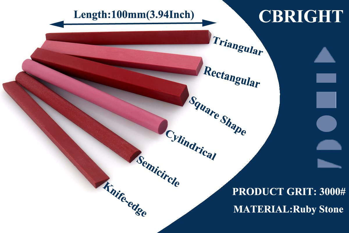 CBRIGHT Sharpening Stone Set, 6pcs 3000# Ruby Whetstone Kit Small Fine Polishing Sharpener Stone for Sharpen Chisel Gouge,Knife and Bladed Cutting Tools, Variety of Shapes[Length:100mm(3.94Inch)]