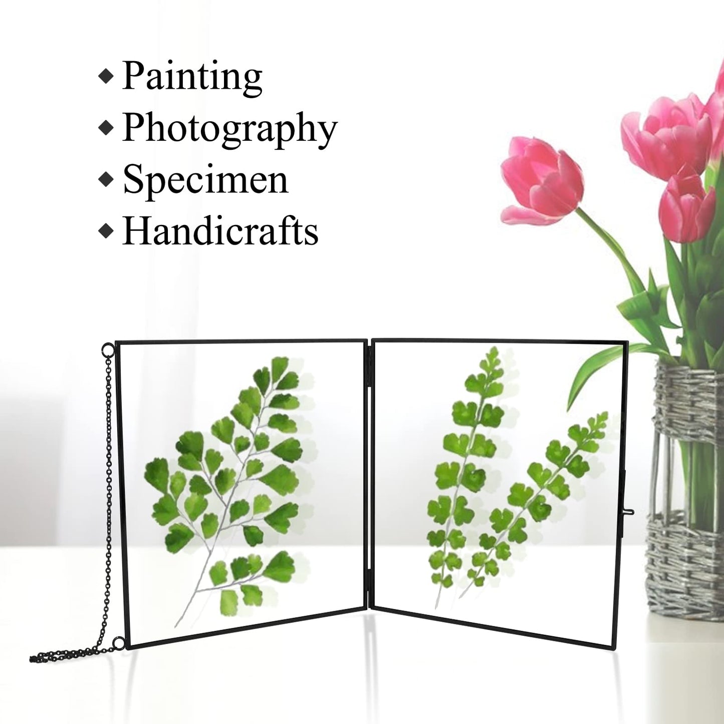 TLBTEK 2 PCS Black 8x8 inch Brass Hanging Photo Frame,Double Glass Frame for Pressed Flowers,Clear DIY Vintage Artwork Display Frame Wall Mounted Photos Frame