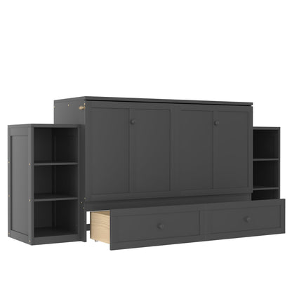 Bellemave Queen Murphy Bed, Cabinet Bed with 2 Shelves and Storage Drawers, Farmhouse Murphy Cabinet, Noisy Free, for Guest Bedroom, Living Room, Office, Vintage Dark Gray