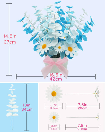 BAZIMA Felt Eucalyptus Daisy Bouquet,Felt Flowers,Multi-Color Felt Leaves,DIY Bouquet,Artificial Flower Bouquet with Flower Pot,Floral Gifts,15 Eucalyptus and 8 Daisies kit(White and Blue)