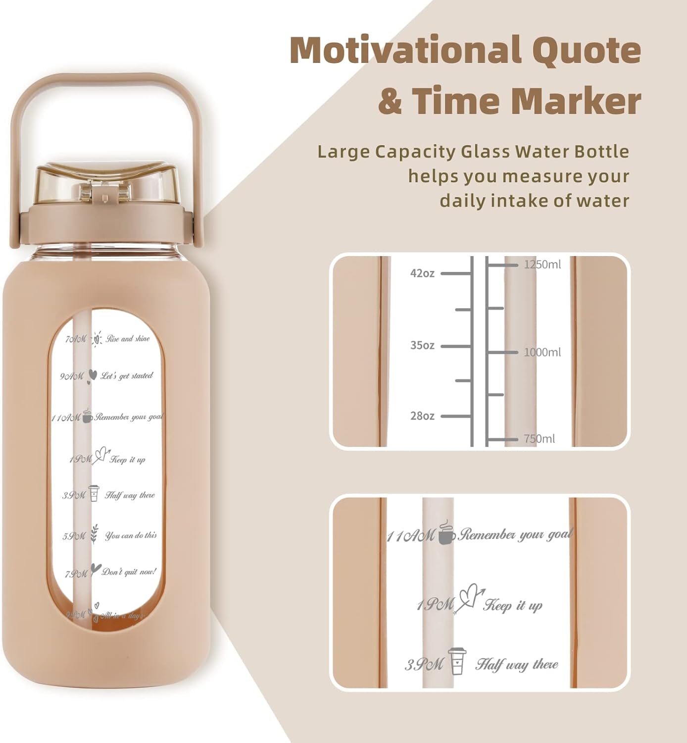 SIEROZUR 74oz Glass Water Bottle with Straw - Large Motivational Water Jug with Handle and Time Marker