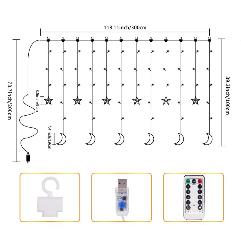 BomKra Dazzle Bright Ramadan Curtain String Lights, 138 LED Warm White Star Moon Fairy Lights 8 Lighting Modes with Remote and 12 Hooks for Bedroom Wall, Outdoor Party, Ramadan Decorations