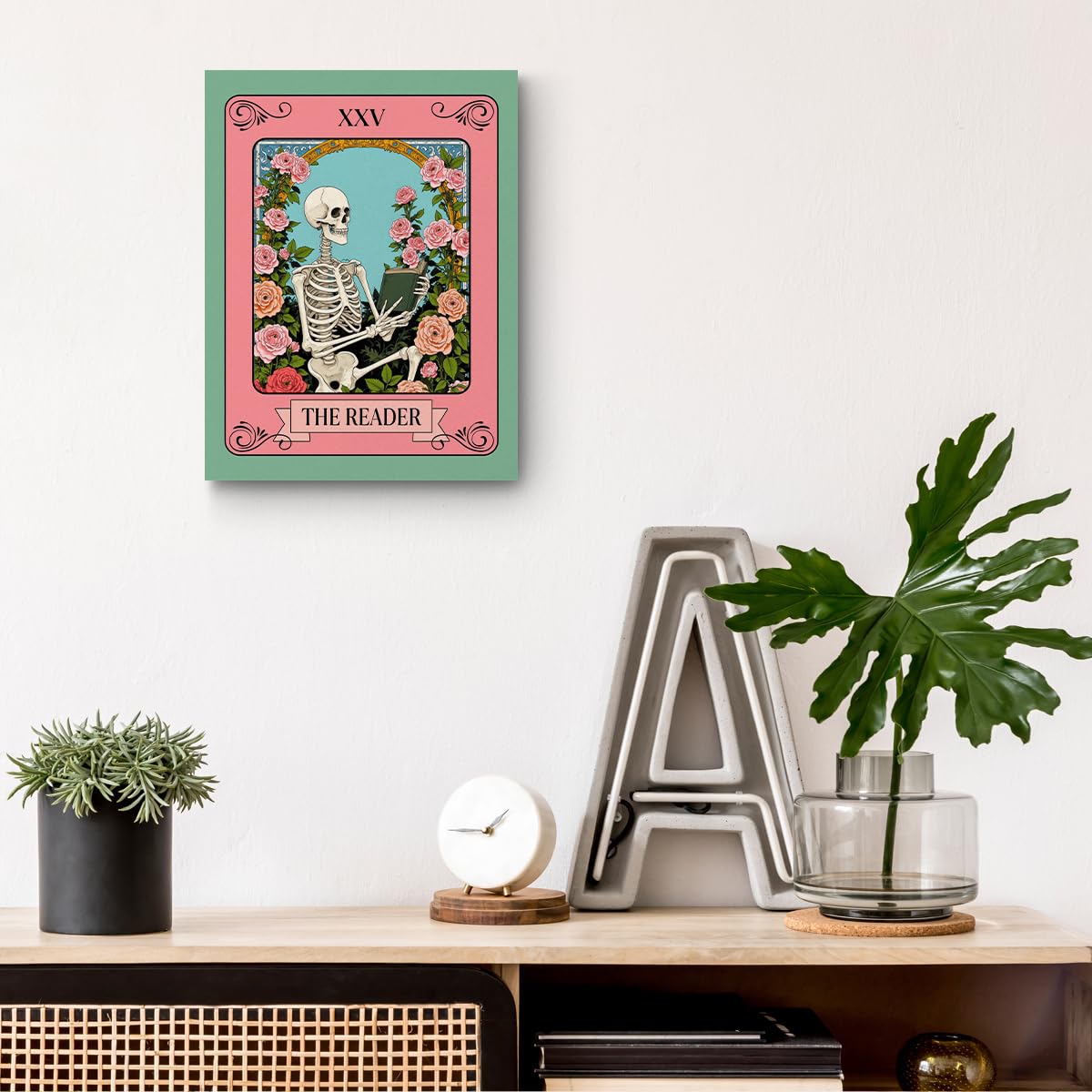 The Reader Tarot Card Wall Art, Funny Skeleton Wallpaper Artwork, Floral Framed Canvas Prints Whimsical Decor, Gothic Theme Prints for Living Room Entryway Bedroom Book Shelf 15x11.4 inch