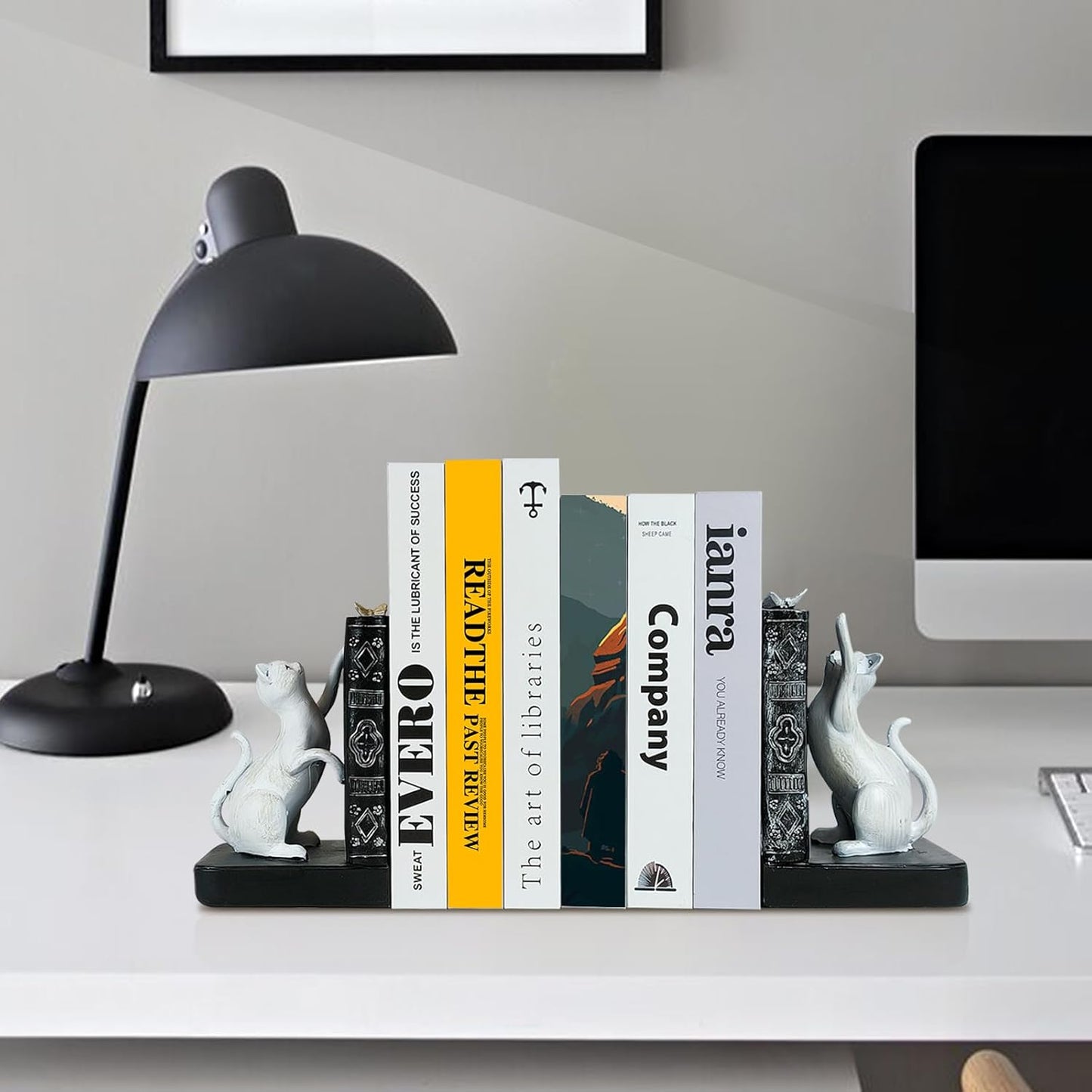 1 LIFFY Decorative Bookends, Heavy Duty Resin Cat Bookends, Non-Skid Bookshelf Stopper, Cute Cat Figures for Shelves