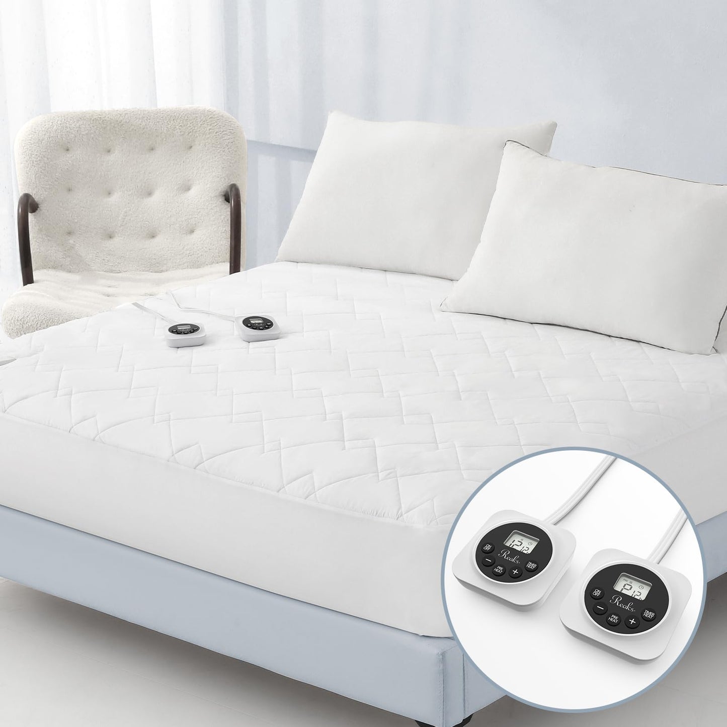 King Size Electric Heated Mattress Pad - Bed Warmer with Memory & Preheat Functions, 12 Heat Settings Dual Control for 1-12 Hours Auto Off, Lighted Button