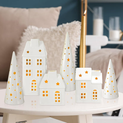 Newtay Ceramic LED Christmas Village Set - 3 LED Houses & 3 Porcelain Trees | White Decor for Tabletop & Mantel