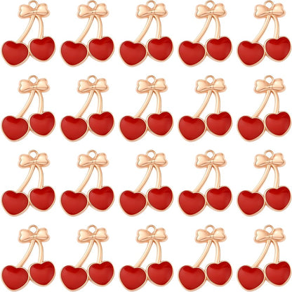 SUNNYCLUE 1 Box 30Pcs Enamel Fruits Charms Bulk Red Cherry Charm Gold Alloy Bowknot Design Mini Cute Food Cartoon Cherries Pendants for Jewelry Making Bracelets Necklace Earring DIY Crafts Accessories