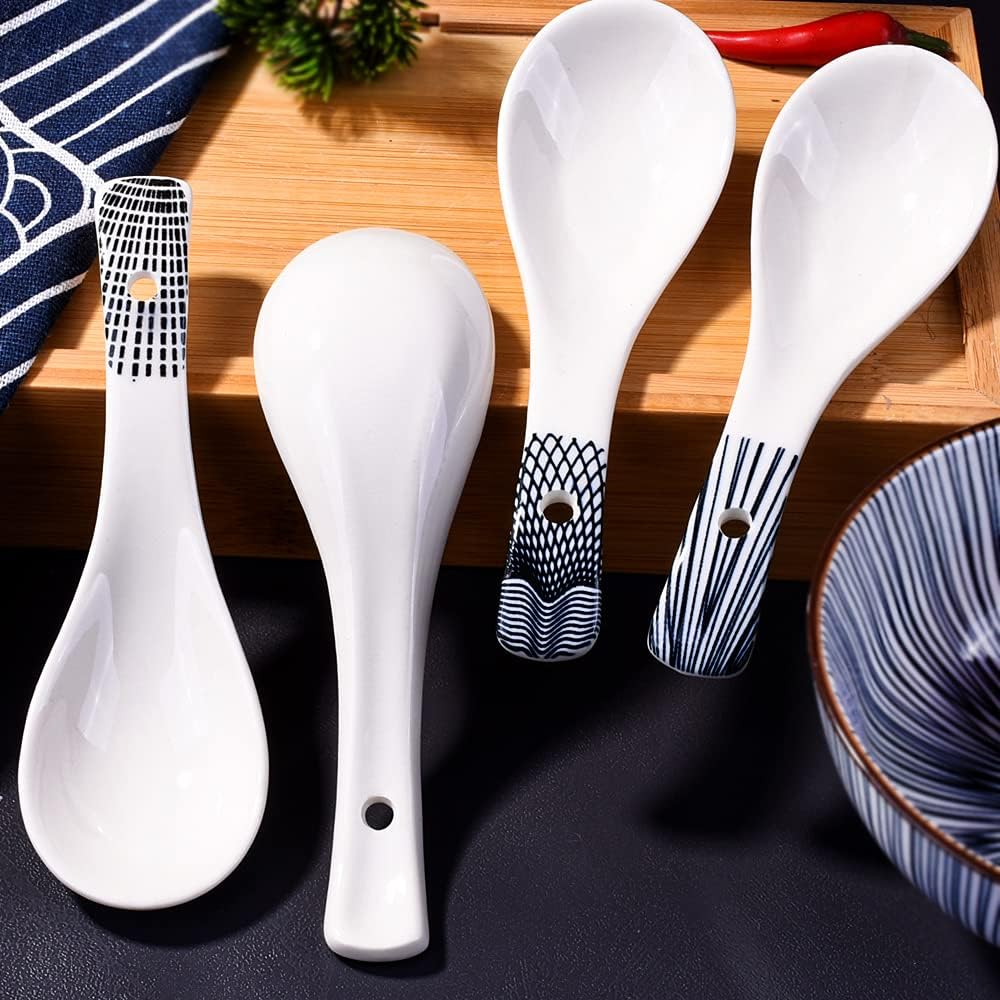 Japanese Soup Spoon Set of 4 - Small Black Style Soup Spoons for Ramen, Wonton, Oat Salad