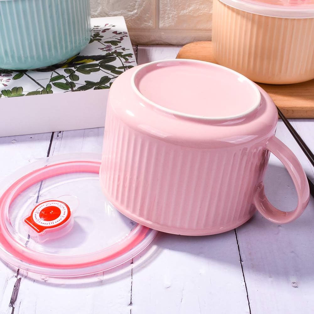 Microwavable Soup Bowl with Handle and Lid, 30.4 OZ Ceramic Cereal Mugs for Oat Instant Noodles (Pink)