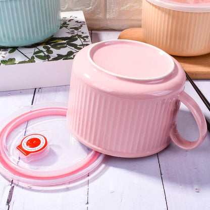 Microwavable Soup Bowl with Handle and Lid, 30.4 OZ Ceramic Cereal Mugs for Oat Instant Noodles (Pink)