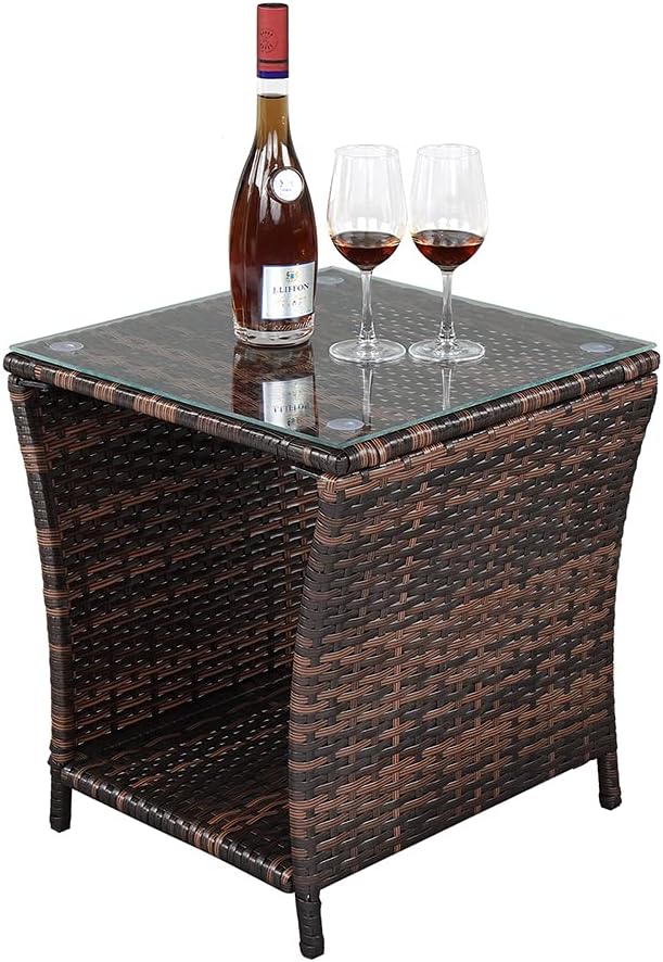 Rpuzonier Wicker Rattan Side Table, Outdoor Square Rattan Coffee End Table with Tempered Glass Top and Storage