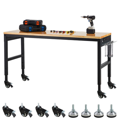 Workbench Adjustable 75' x 25', 2000 Lbs Load Capacity, 29.5"-38.4" Heights Garage Worktable with Universal Wheels & Power Outlet, Heavy-Duty Table for Workshop Office Home Commercial