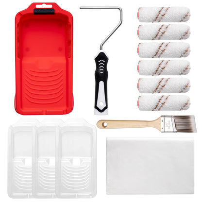 Mister Rui Mini Paint Roller Kit-13 Piece, 4-Inch Microfiber Paint Rollers with Ergonomic Handle, Small Roller Paint Brush, Paint Tray with 3 Liners, Perfect for House Painting, Trim, and Touch-Ups
