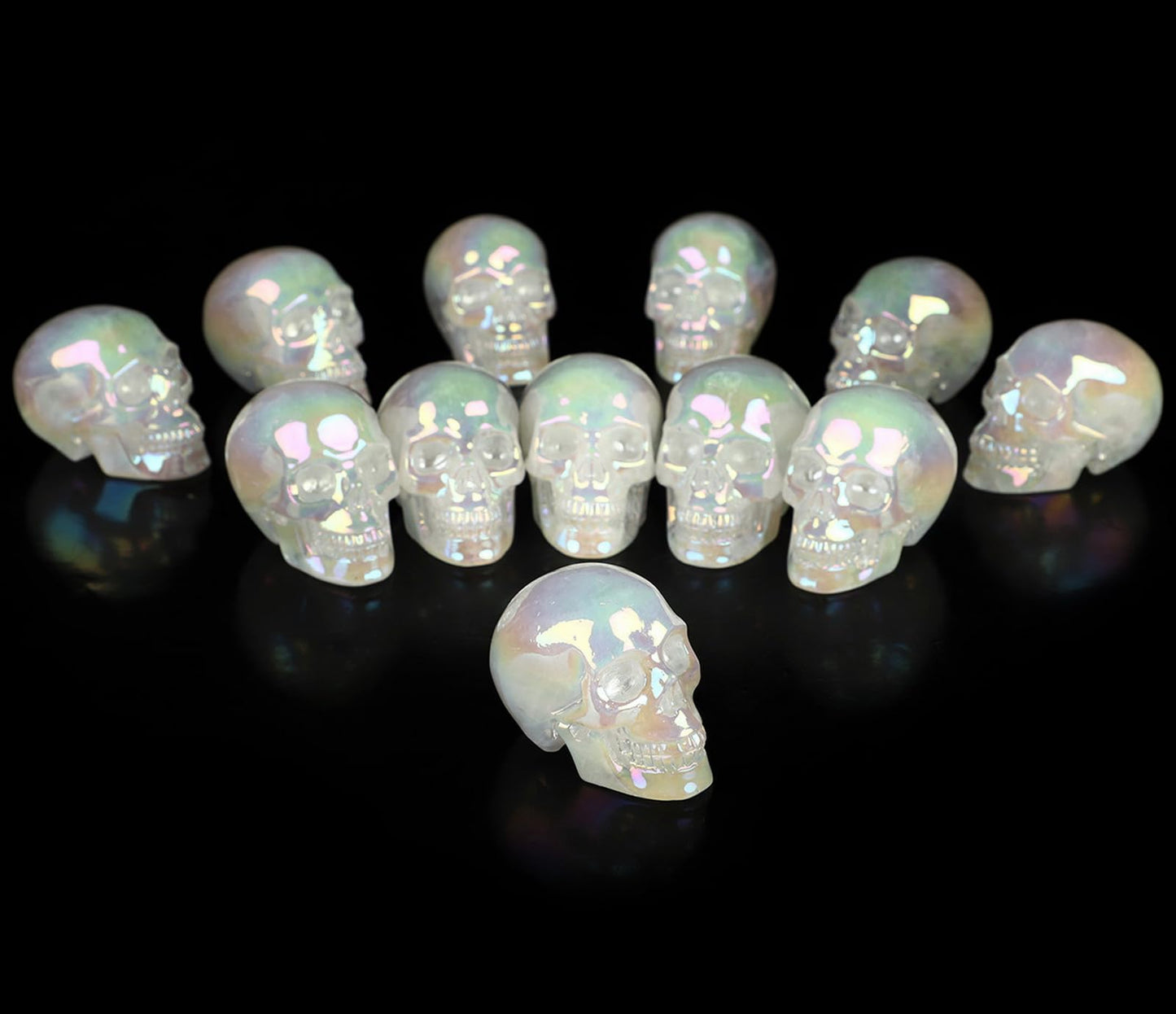 Skullis 2.0" Rainbow Aura Quartz Rock Crystal Skull, Hand Carved Gemstone Fine Art Sculpture, Reiki Healing Stone Statue.1636