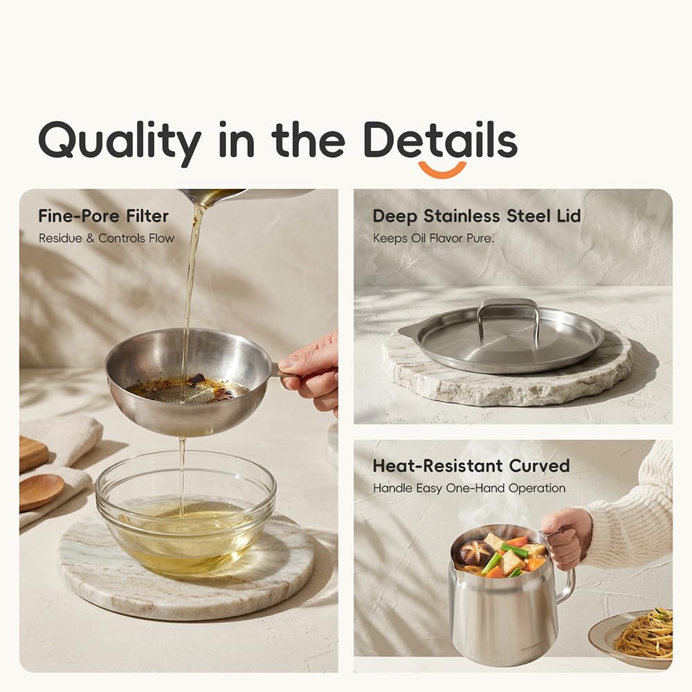 PUCOHOUSE 2L/68oz 304 Stainless Steel Deep Fryer Pot with Basket, Strainer & Lid, Large Capacity Oil Filter Container & Bacon Grease Saver, Dishwasher Safe for Kitchen, Frying, Camping