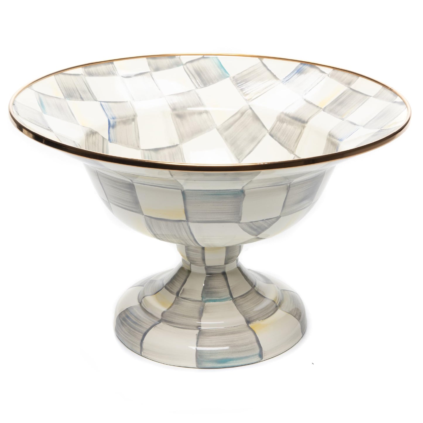 MACKENZIE-CHILDS Enamel Compote, Cute Enamel Pedestal Serving Dish or Decorative Bowl, Large, Gray-and-White Sterling Check