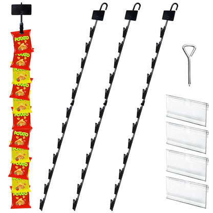 Dafftos Hanging Merchandise Strips with Hooks Chip Display Rack Stands Potato Bag Holder 12 Clips for Retail 32 inches Displaying Black Label Headers Card Snacks Metal 4 Pack