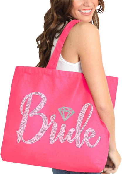Giant Canvas Bride Tote Bag - 18" x 14" Diamond Motif Rhinestone Totes for Bridal Shower Gifts and Wedding Accessories