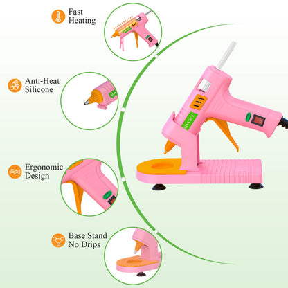 MONVICT Pink Hot Glue Gun Kit, Mini Glue Gun with Suction Cups Stand Anti Stick Silicone Mat, Hot Melt Glue Gun with Fine Tip & 30 Glue Sticks, On/Off Switch Design for DIY, Craft, Home School Project