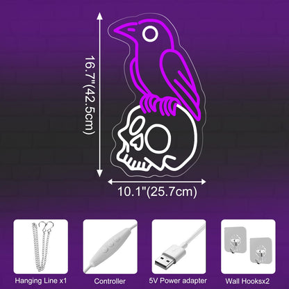 Raven on Skull Neon Sign, Purple Crow Cold White Skeleton LED Wall Light for Gothic Room, Halloween Decor, Man Cave, Dark Aesthetic Gift, Witchy Space 16.7" x 10.1"