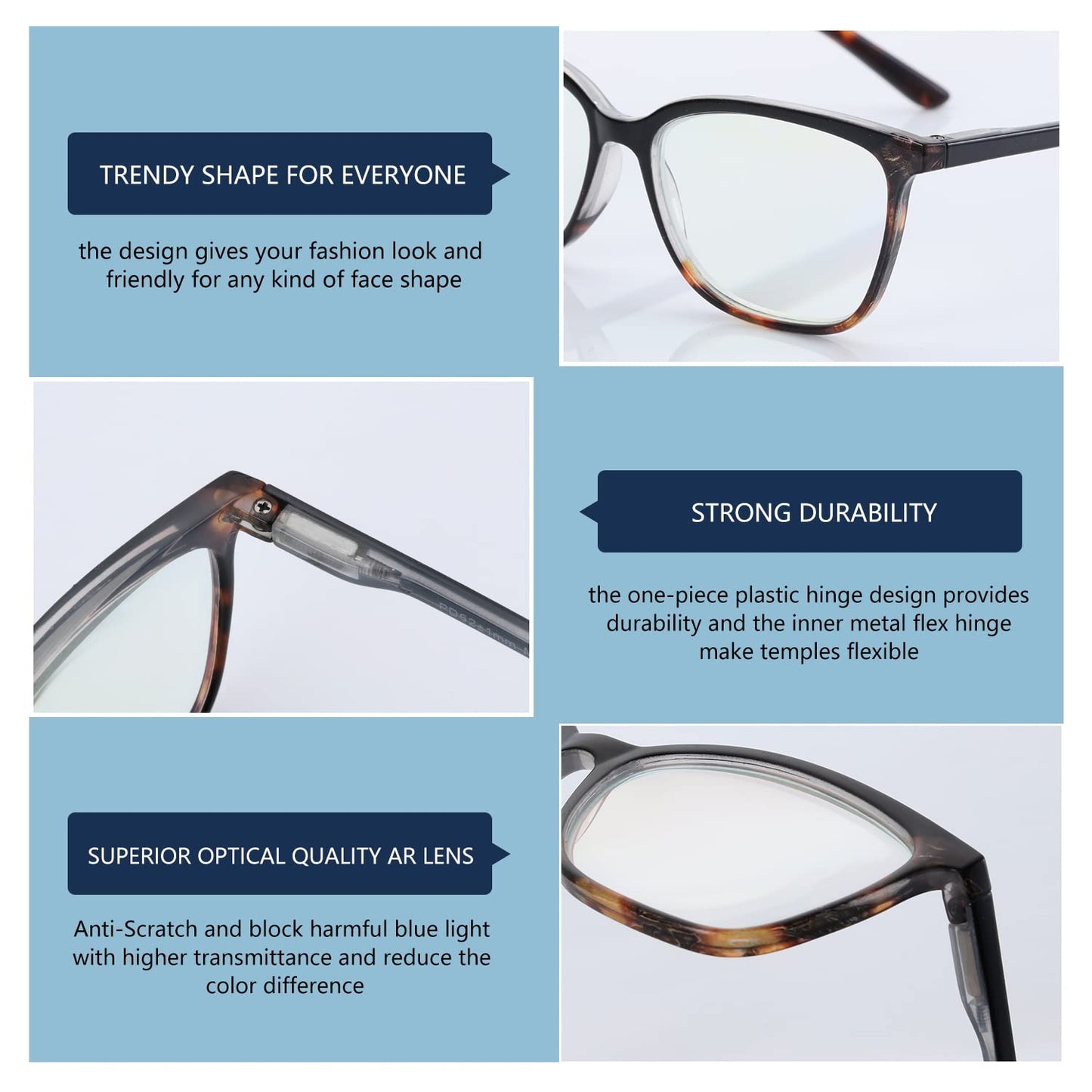 BLUEMOKY Blue Light Reading Glasses for Women 3 Pack Fashion Cat Eye Computer Glasses Bluelight Blocking Reader 1.50