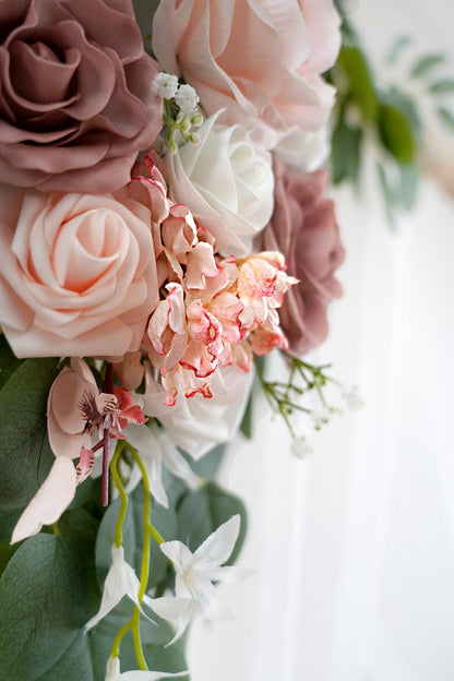 Olalaka Dusty Rose Artificial Wedding Arch Flowers Kit (Pack of 3) with 26Ft White Shiny Arch Draping Fabric for DIY Wedding Party Ceremony Reception Backdrop Floral Decoration