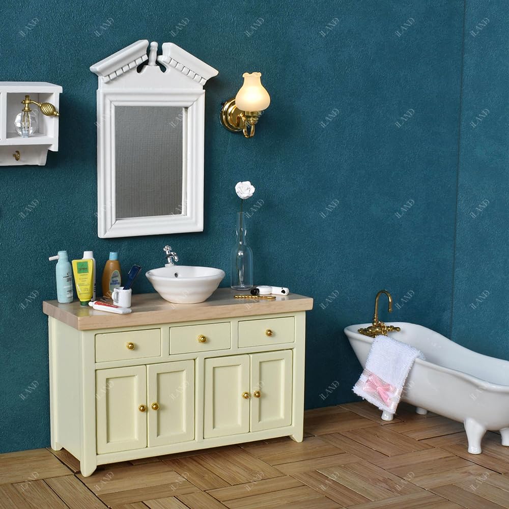 iLAND Dollhouse Furniture Miniature Cabinet for 1:12 Scale Accessories Wooden Dollhouse Kitchen Furniture Mini House Modern Décor Storage Cabinet with Drawers Classic Cupboard for Living Room Bedroom
