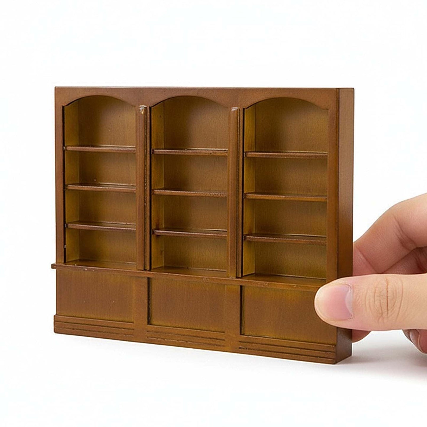 1:12 Dollhouse Mini Bookcase, Wooden Triple Display Cabinet & Bookshelf, Miniature Display Shelf for Doll House Decor Dollhouse Library Furniture Accessories (Brown)